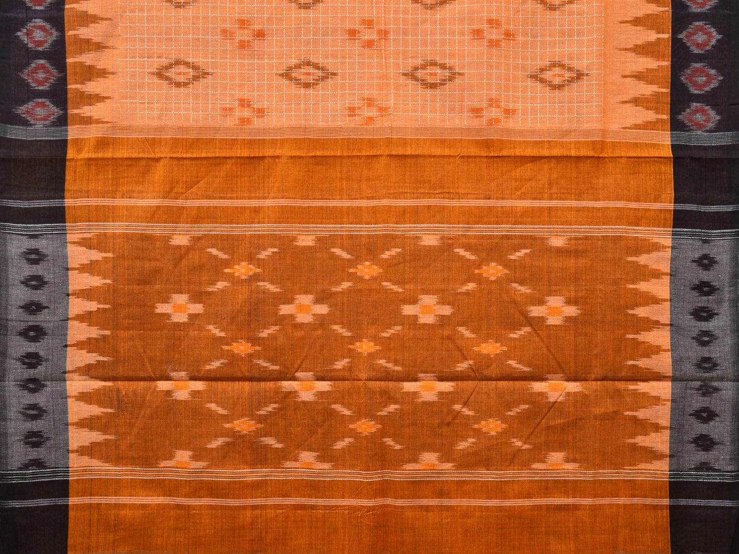 Orange Pochampally Ikat Handloom Saree with Checks and Border Design No Blouse i0818