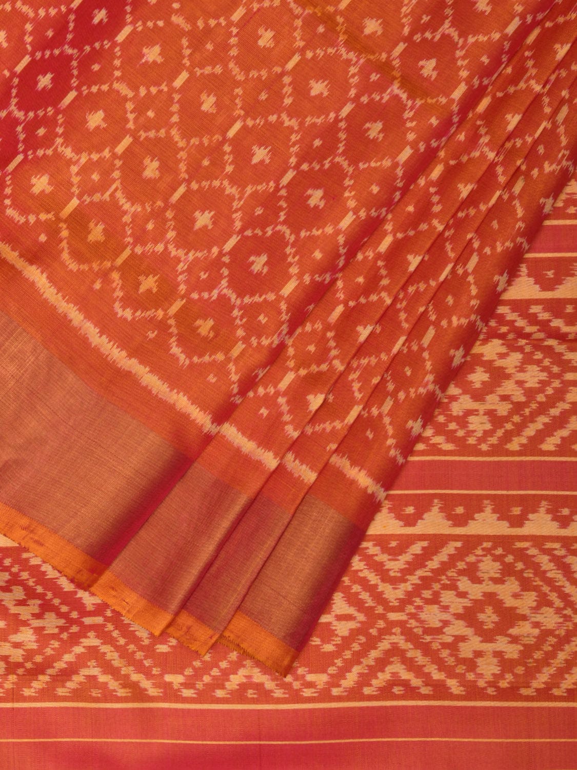 Orange Pochampally Ikat Silk Handloom Saree with All Over Grill Design i0846