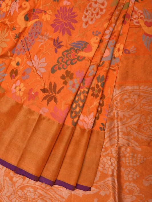 Orange Uppada Silk Handloom Saree with All Over Flowers and Peacocks Jamdani Design u1865