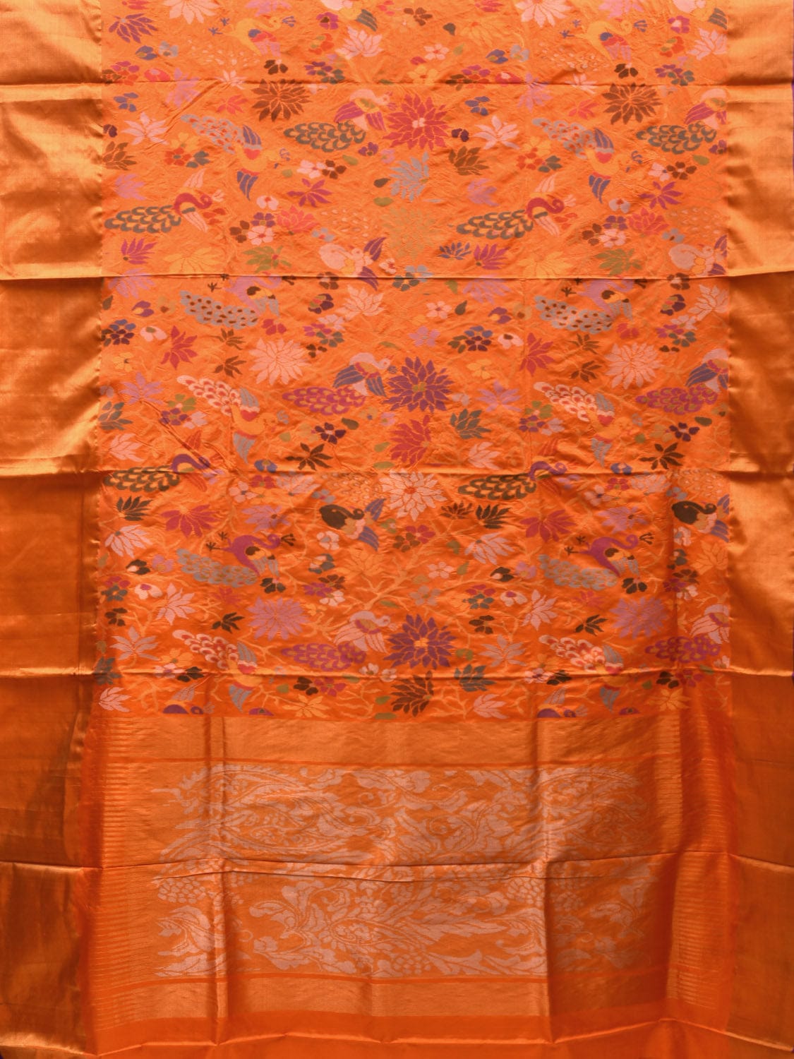 Orange Uppada Silk Handloom Saree with All Over Flowers and Peacocks Jamdani Design u1865