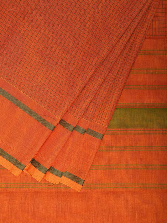 Orange Venkatagiri Cotton Saree with Checks and Strips Pallu Design v0113