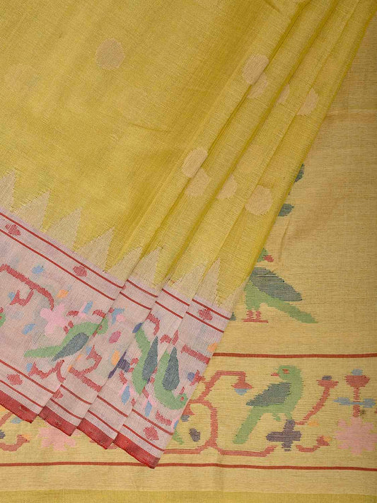 Yellow Paithani Tussar Cotton Handloom Saree with Parrots Border and Pallu Design p0497