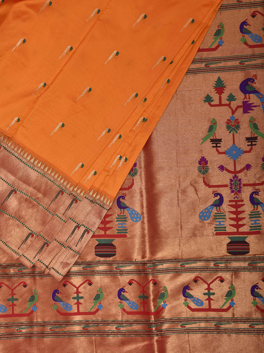 Orange Paithani Silk Saree with Triple Muniya Border Design p0498