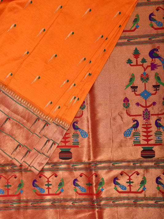 Orange Paithani Silk Saree with Triple Muniya Border Design p0498