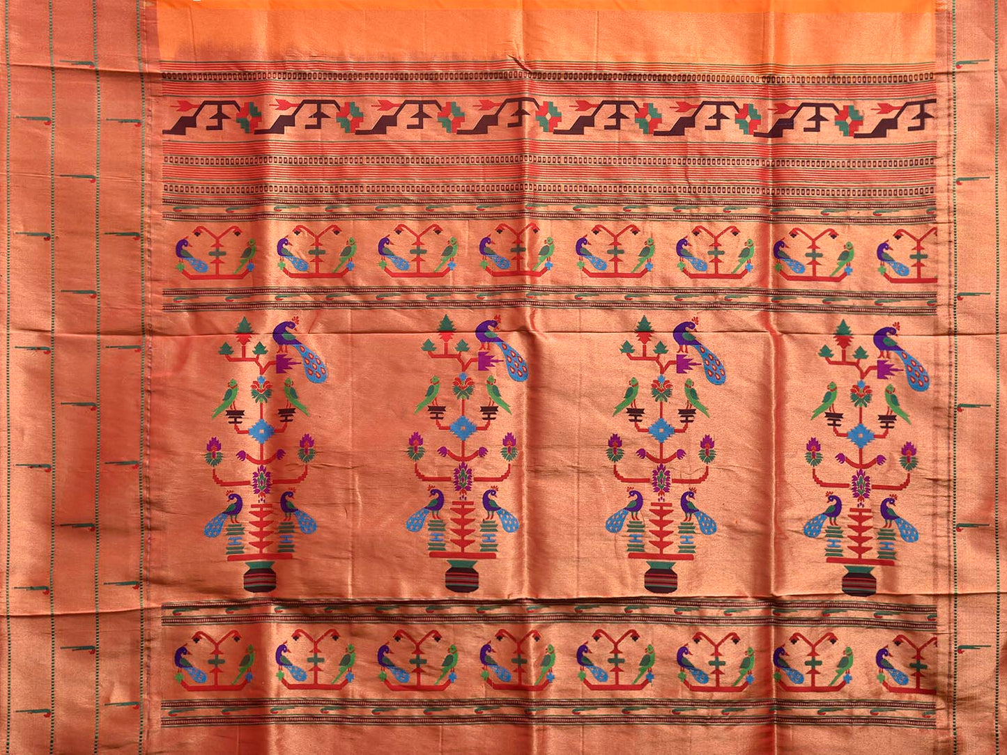 Orange Paithani Silk Saree with Triple Muniya Border Design p0498
