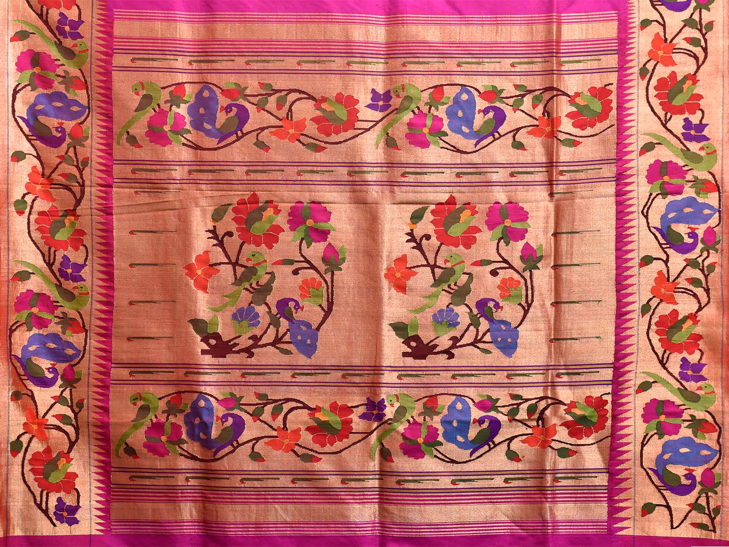 Pink Paithani Silk Handloom Saree with Peacock and Parrot Border Design p0499