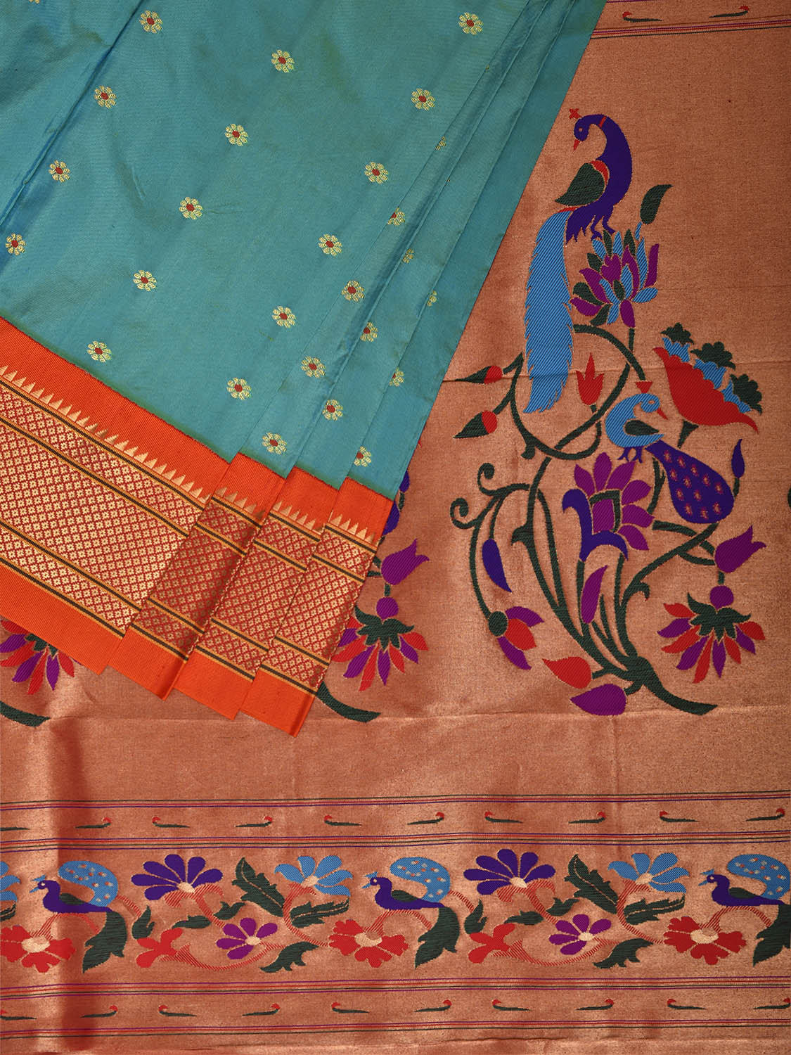 Turquoise and Orange Paithani Silk Saree with Peacocks Pallu Design p0500