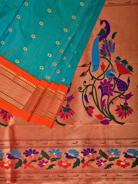 Turquoise and Orange Paithani Silk Saree with Peacocks Pallu Design p0500