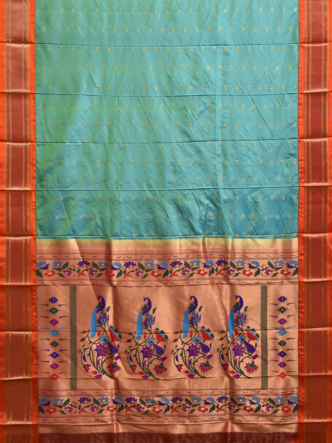Turquoise and Orange Paithani Silk Saree with Peacocks Pallu Design p0500