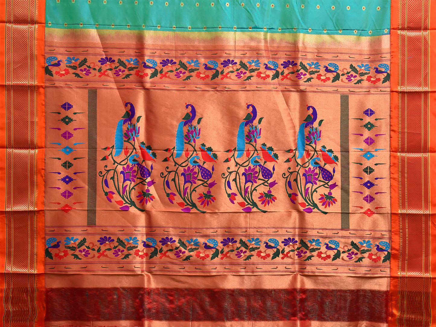 Turquoise and Orange Paithani Silk Saree with Peacocks Pallu Design p0500