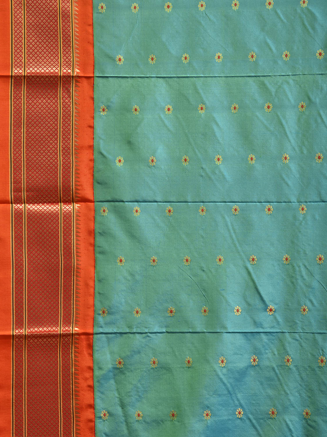 Turquoise and Orange Paithani Silk Saree with Peacocks Pallu Design p0500