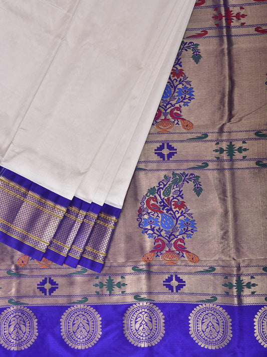 White and Blue Paithani Silk Saree with Pallu Design p0501
