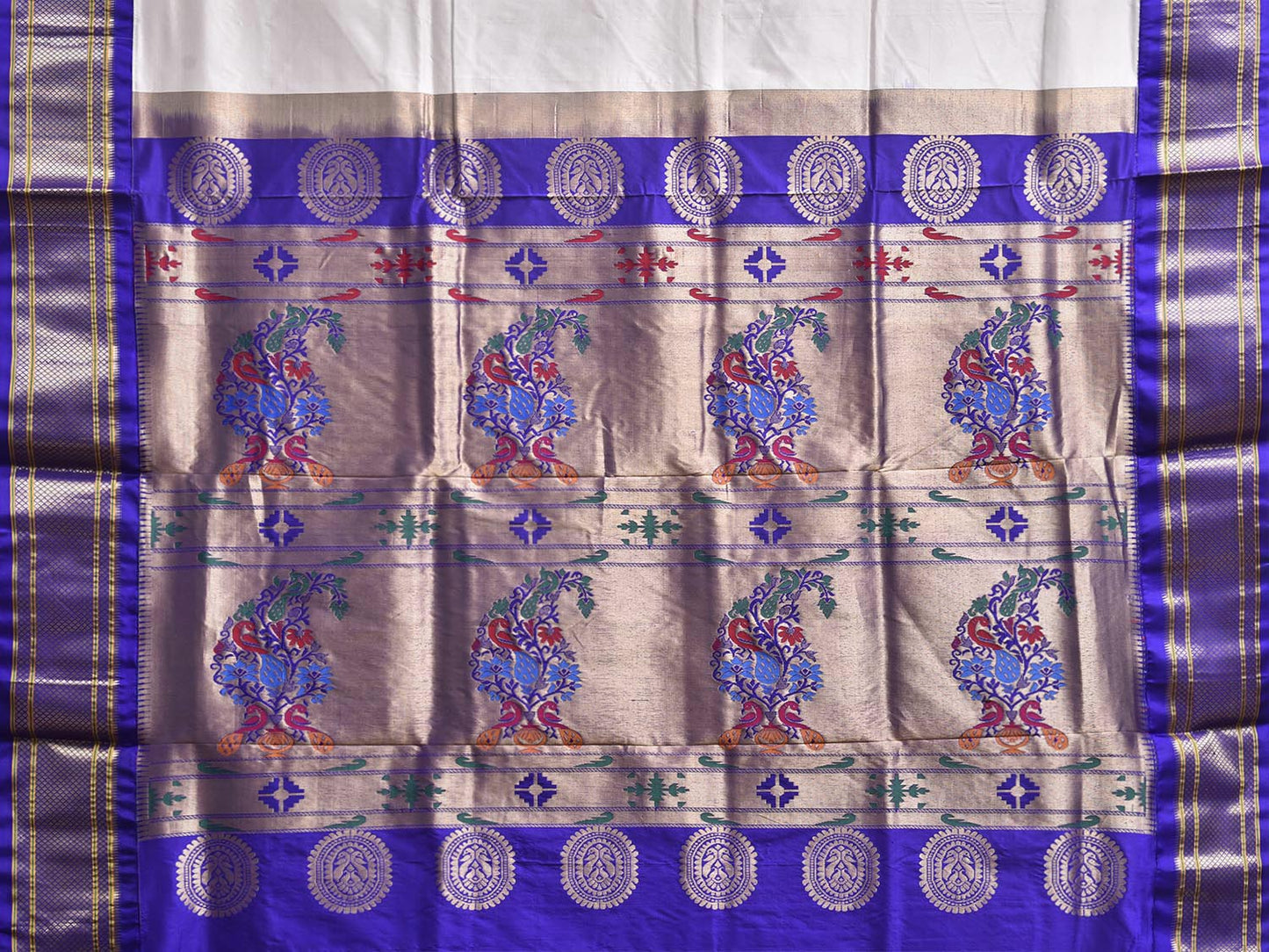 White and Blue Paithani Silk Saree with Pallu Design p0501