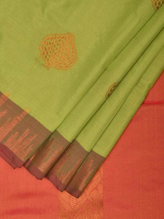Parrot Green and Red Katan Silk Saree with Border and Body Butta Design b0083ds