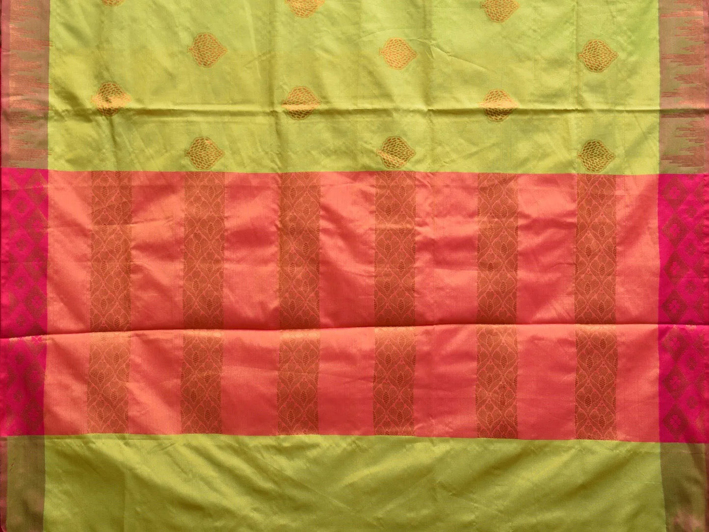 Parrot Green and Red Katan Silk Saree with Border and Body Butta Design b0083ds