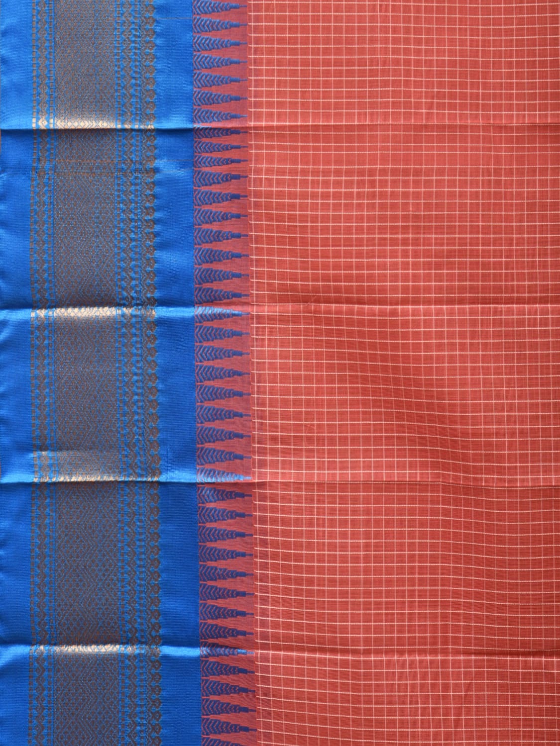 Peach and Blue Gadwal Cotton Plain Saree with Checks and Pallu Design No Blouse g0354