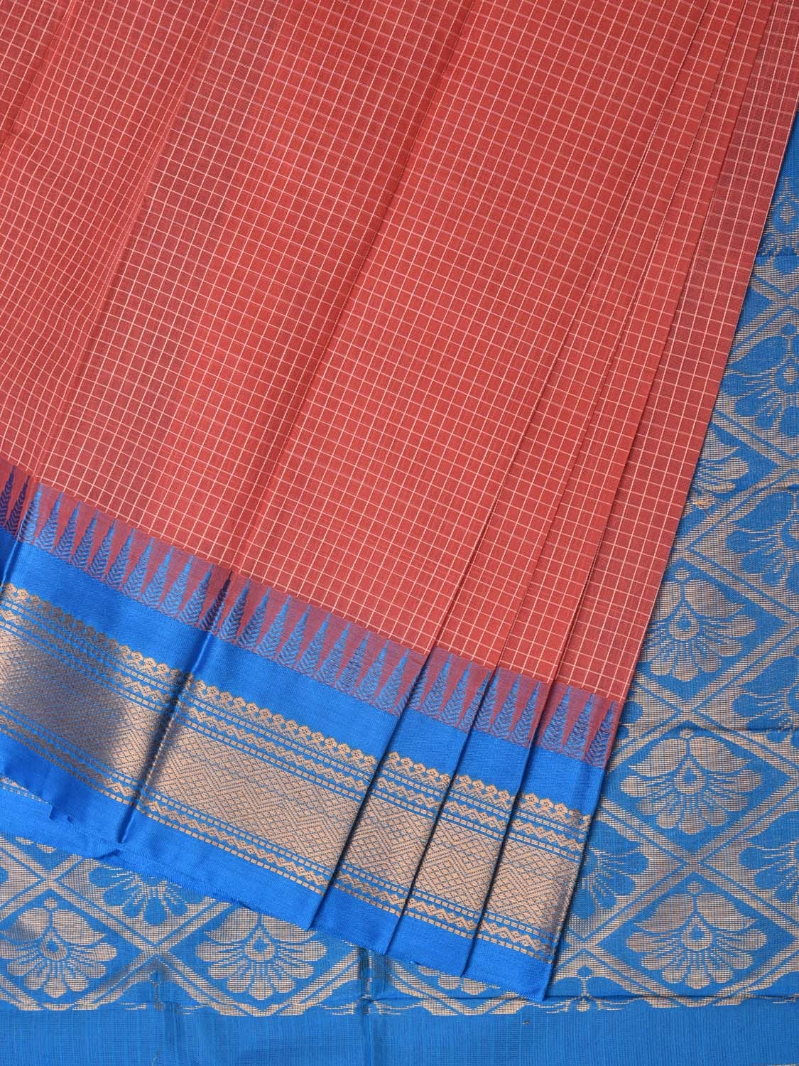 Peach and Blue Gadwal Cotton Plain Saree with Checks and Pallu Design No Blouse g0354