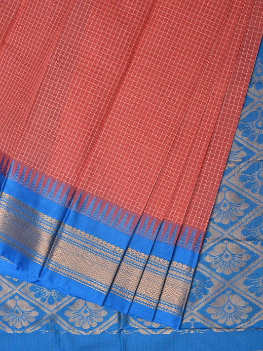 Peach and Blue Gadwal Cotton Plain Saree with Checks and Pallu Design No Blouse g0354
