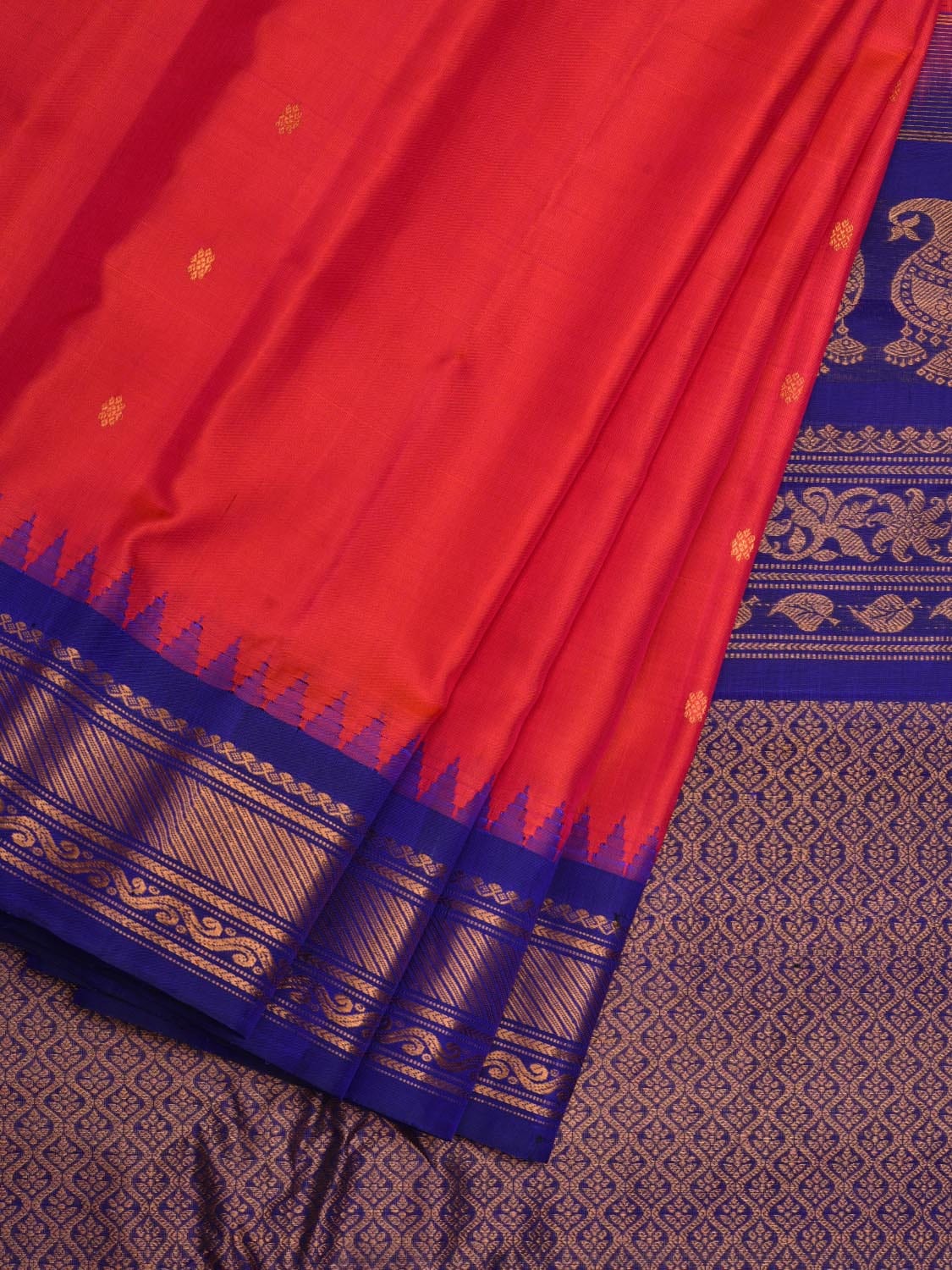 Peach and Blue Gadwal Silk Handloom Saree with Mango Pallu and Temple Border Design g0312