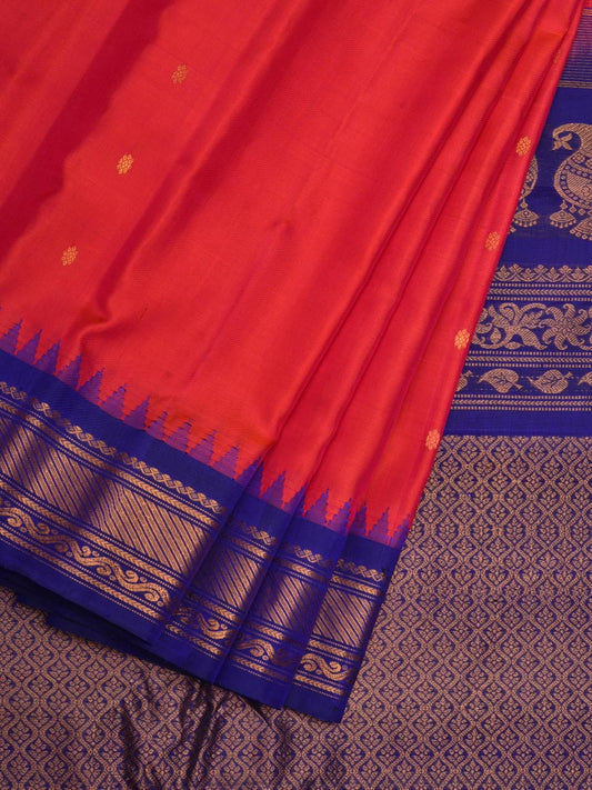 Peach and Blue Gadwal Silk Handloom Saree with Mango Pallu and Temple Border Design g0312