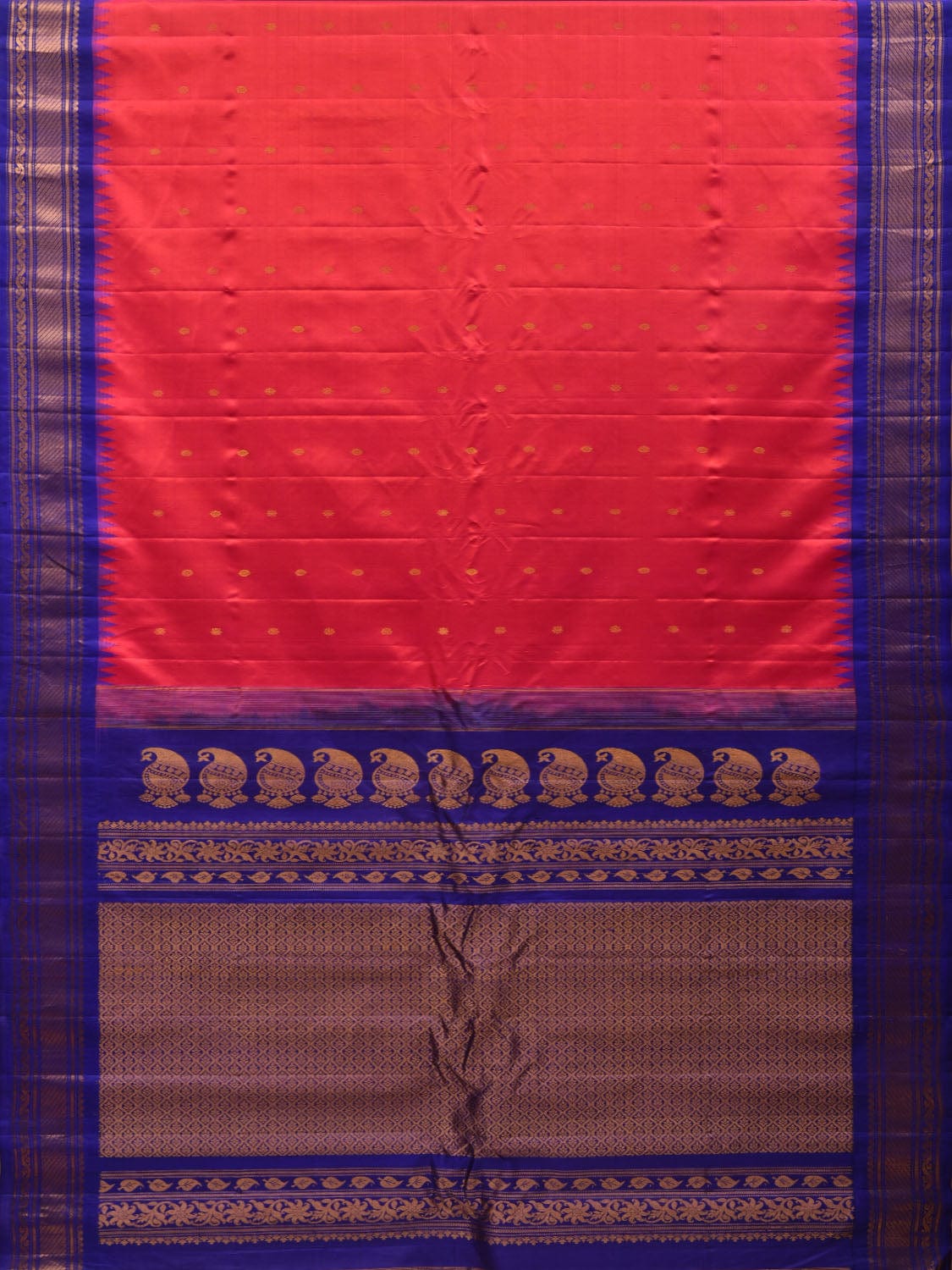 Peach and Blue Gadwal Silk Handloom Saree with Mango Pallu and Temple Border Design g0312