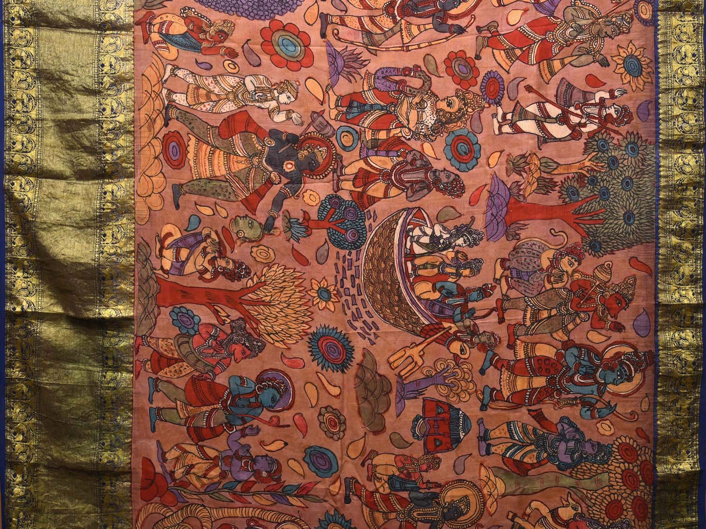 Peach and Blue Kalamkari Hand Painted Kanchipuram Silk Handloom Saree with Dashavatar Design KL0709