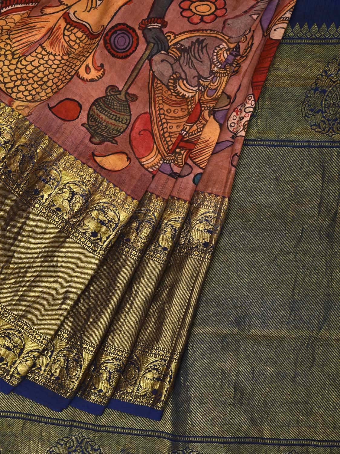 Peach and Blue Kalamkari Hand Painted Kanchipuram Silk Handloom Saree with Dashavatar Design KL0709