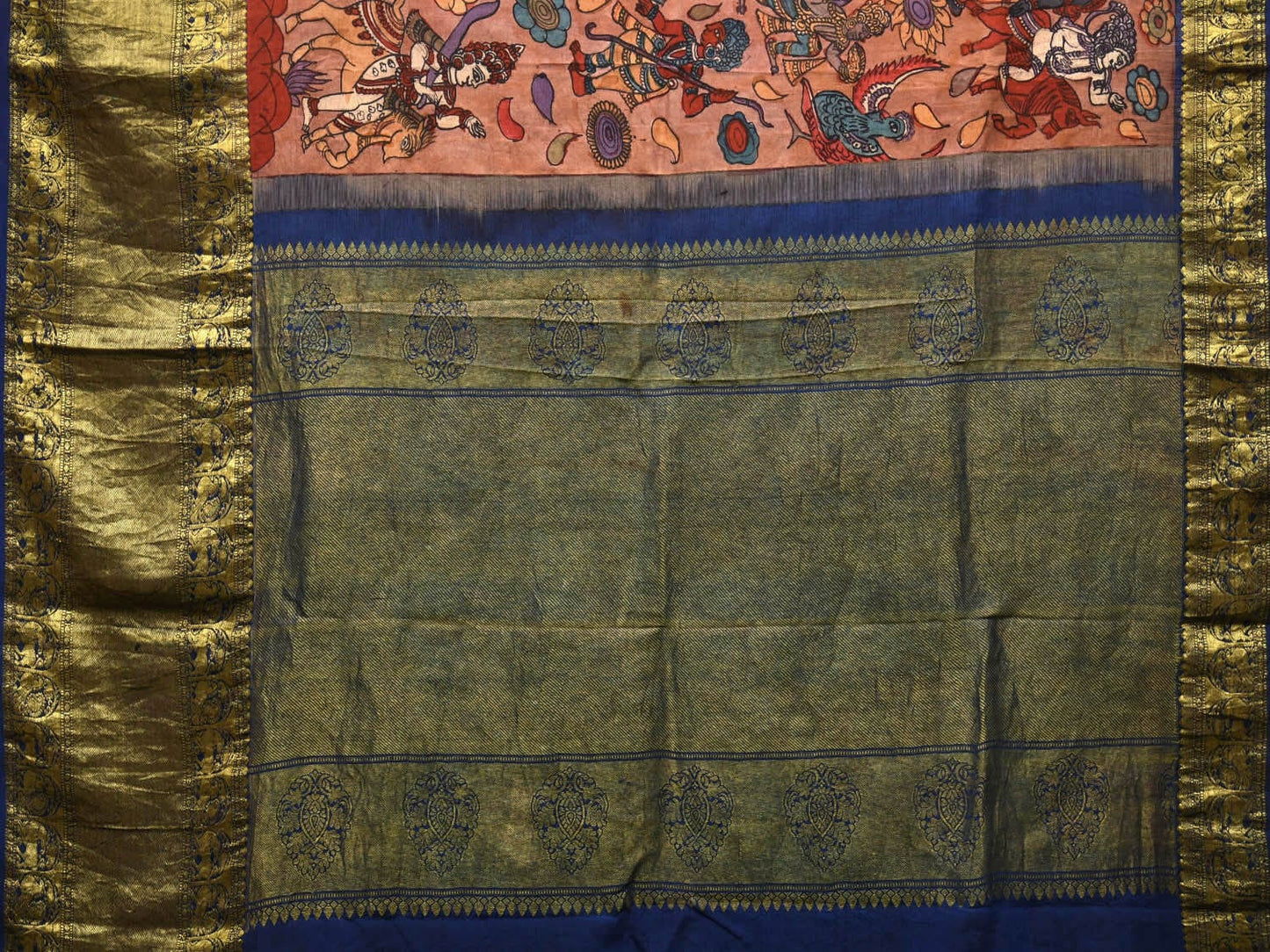 Peach and Blue Kalamkari Hand Painted Kanchipuram Silk Handloom Saree with Dashavatar Design KL0709