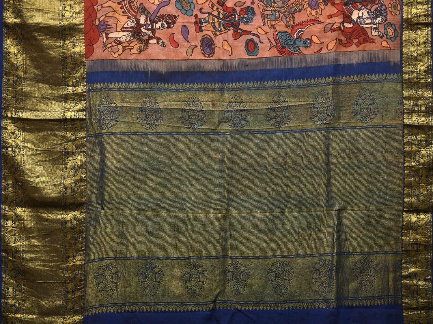 Peach and Blue Kalamkari Hand Painted Kanchipuram Silk Handloom Saree with Dashavatar Design KL0709
