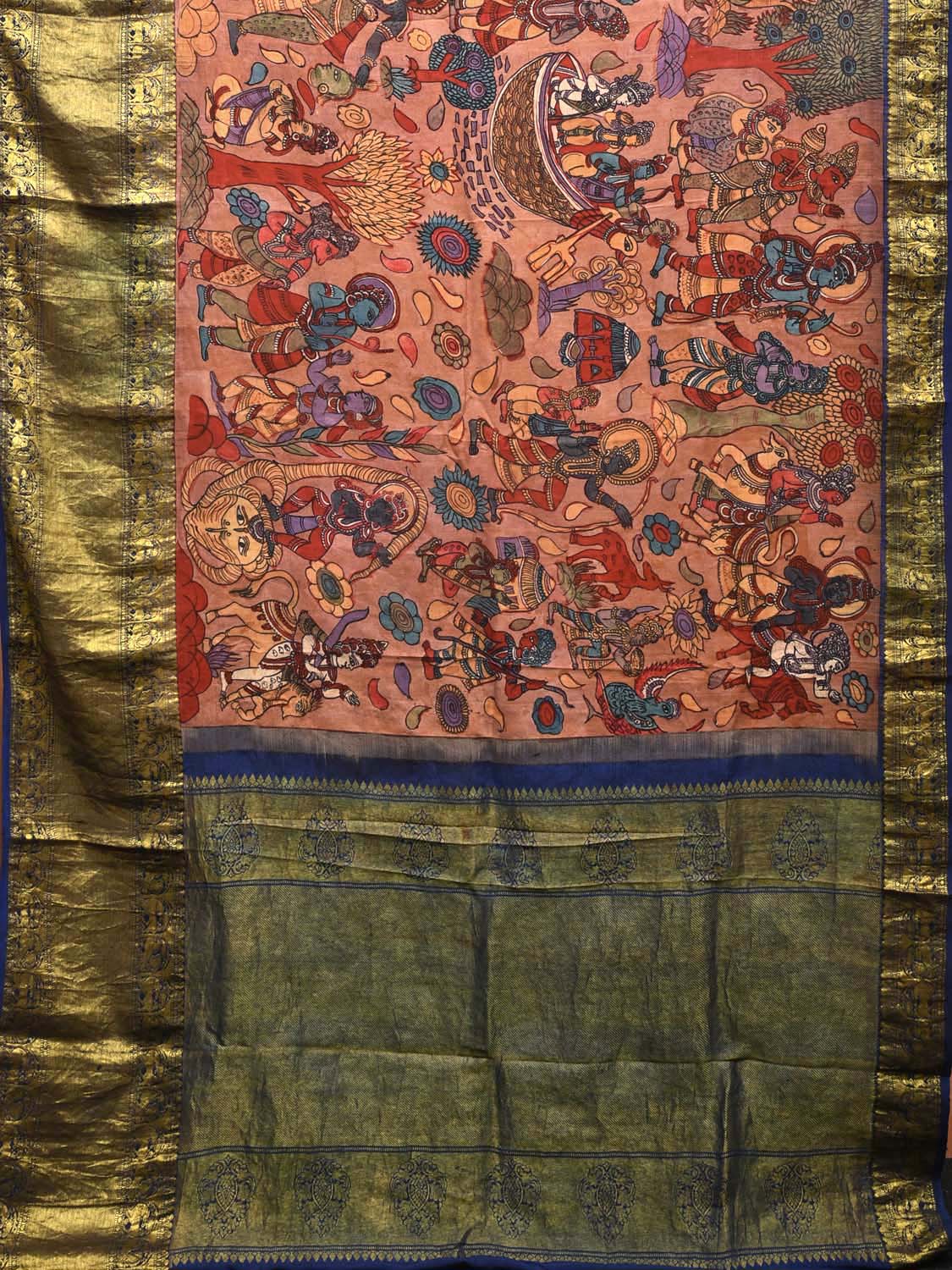 Peach and Blue Kalamkari Hand Painted Kanchipuram Silk Handloom Saree with Dashavatar Design KL0709