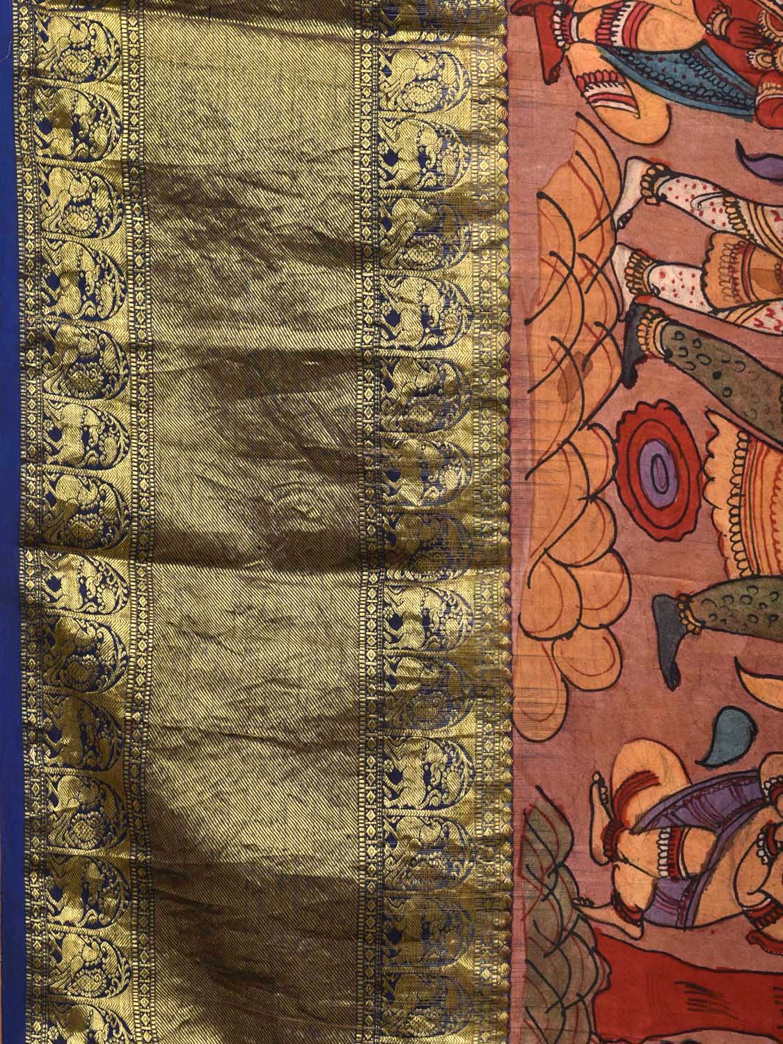 Peach and Blue Kalamkari Hand Painted Kanchipuram Silk Handloom Saree with Dashavatar Design KL0709
