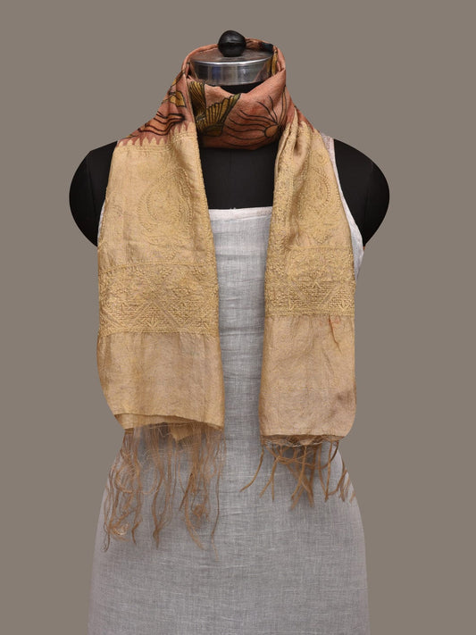 Peach and Cream Kalamkari Hand Painted Silk Handloom Stole with Birds and Embroidary Design ds3009