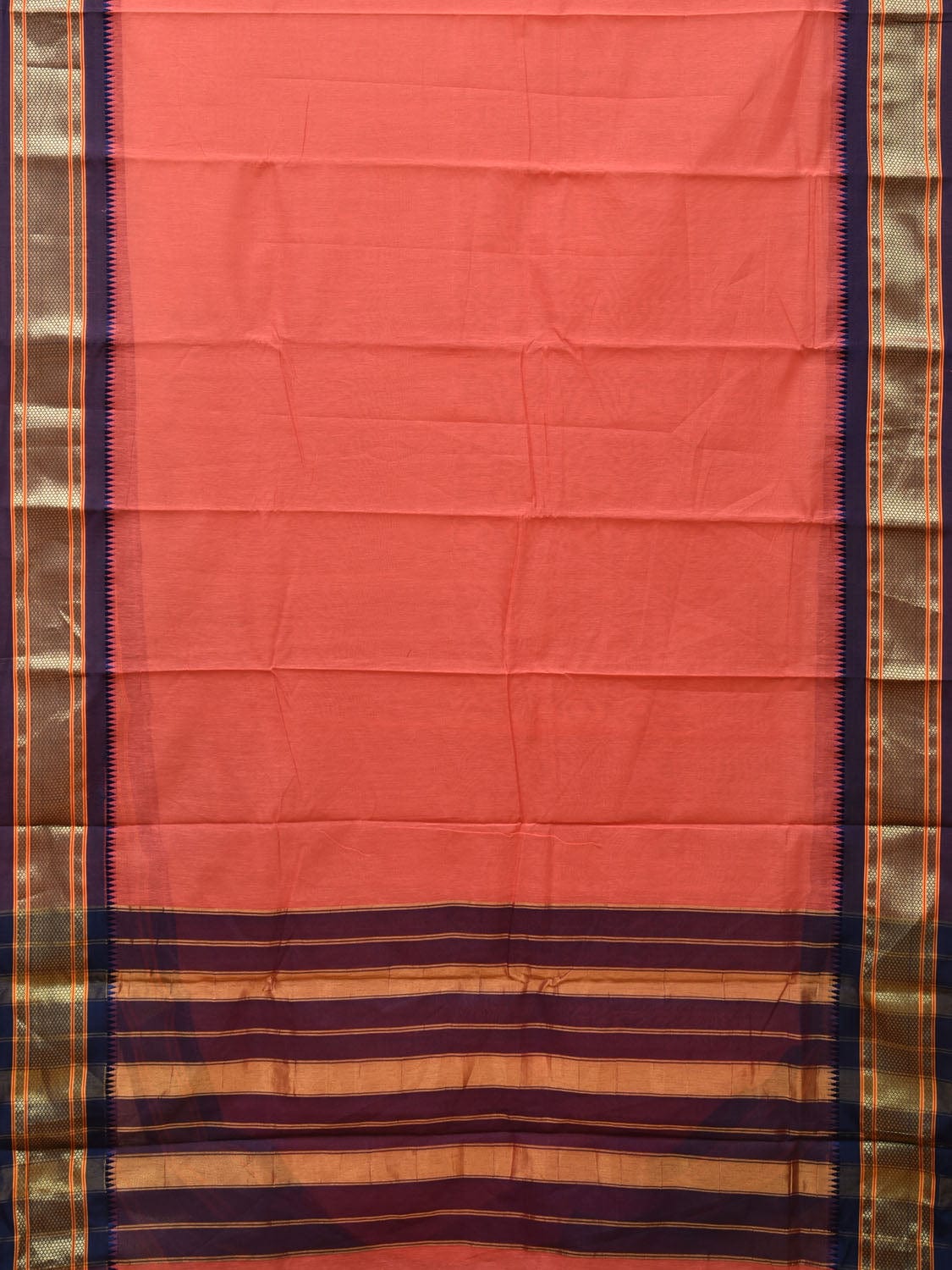 Peach and Dark Blue Bamboo Cotton Plain Saree with Zari Border Design bc0104