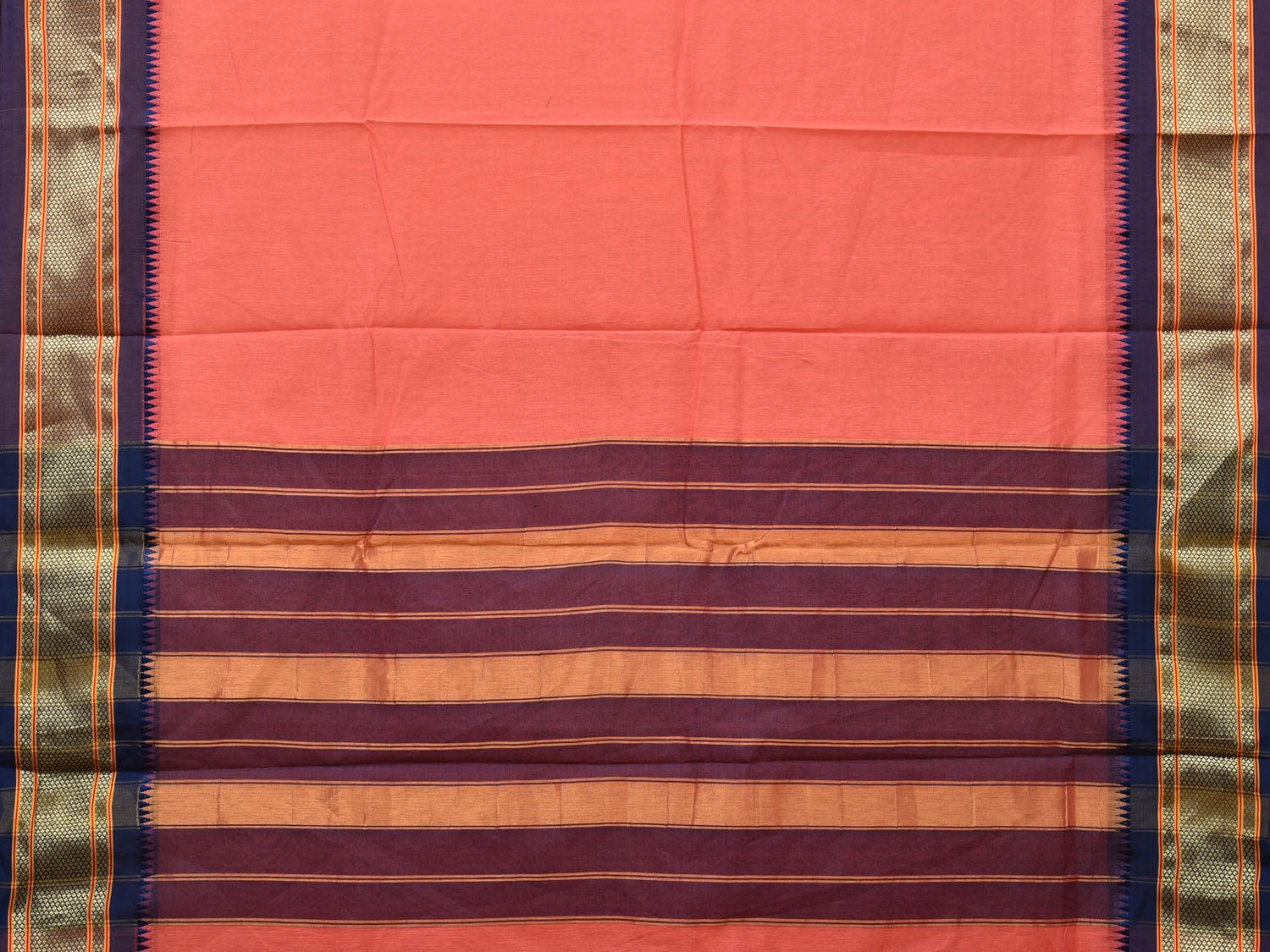 Peach and Dark Blue Bamboo Cotton Plain Saree with Zari Border Design bc0104