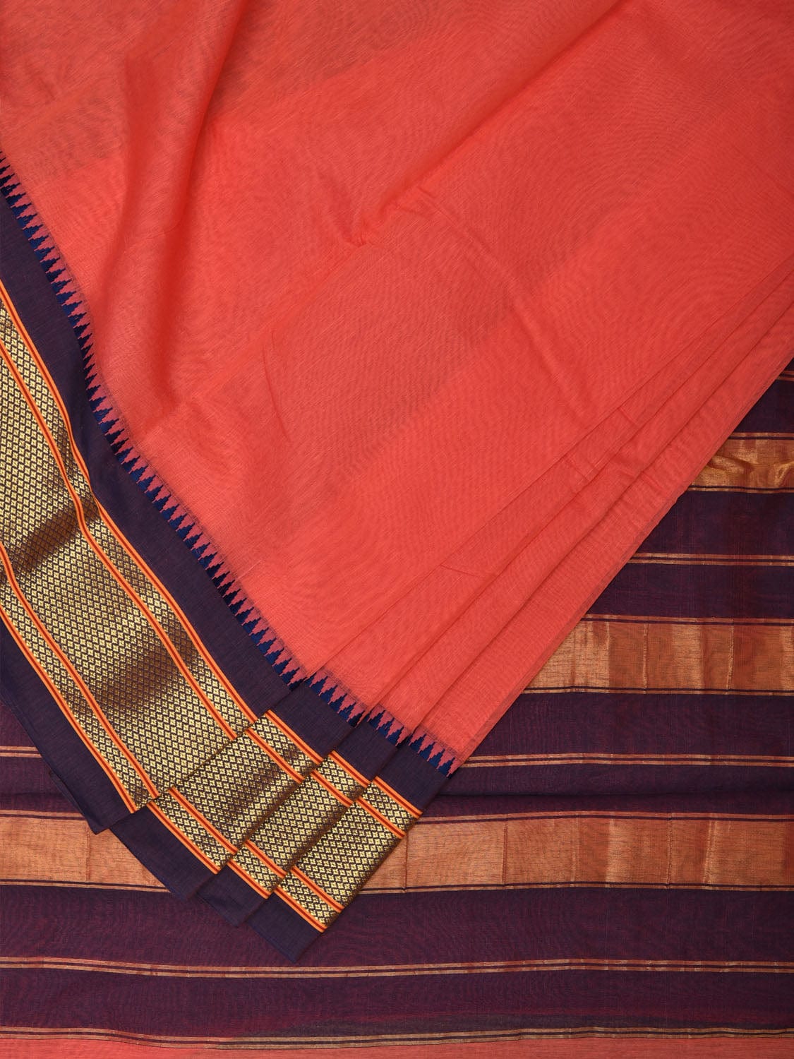 Peach and Dark Blue Bamboo Cotton Plain Saree with Zari Border Design bc0104