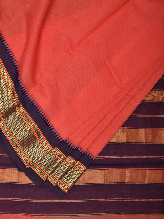 Peach and Dark Blue Bamboo Cotton Plain Saree with Zari Border Design bc0104