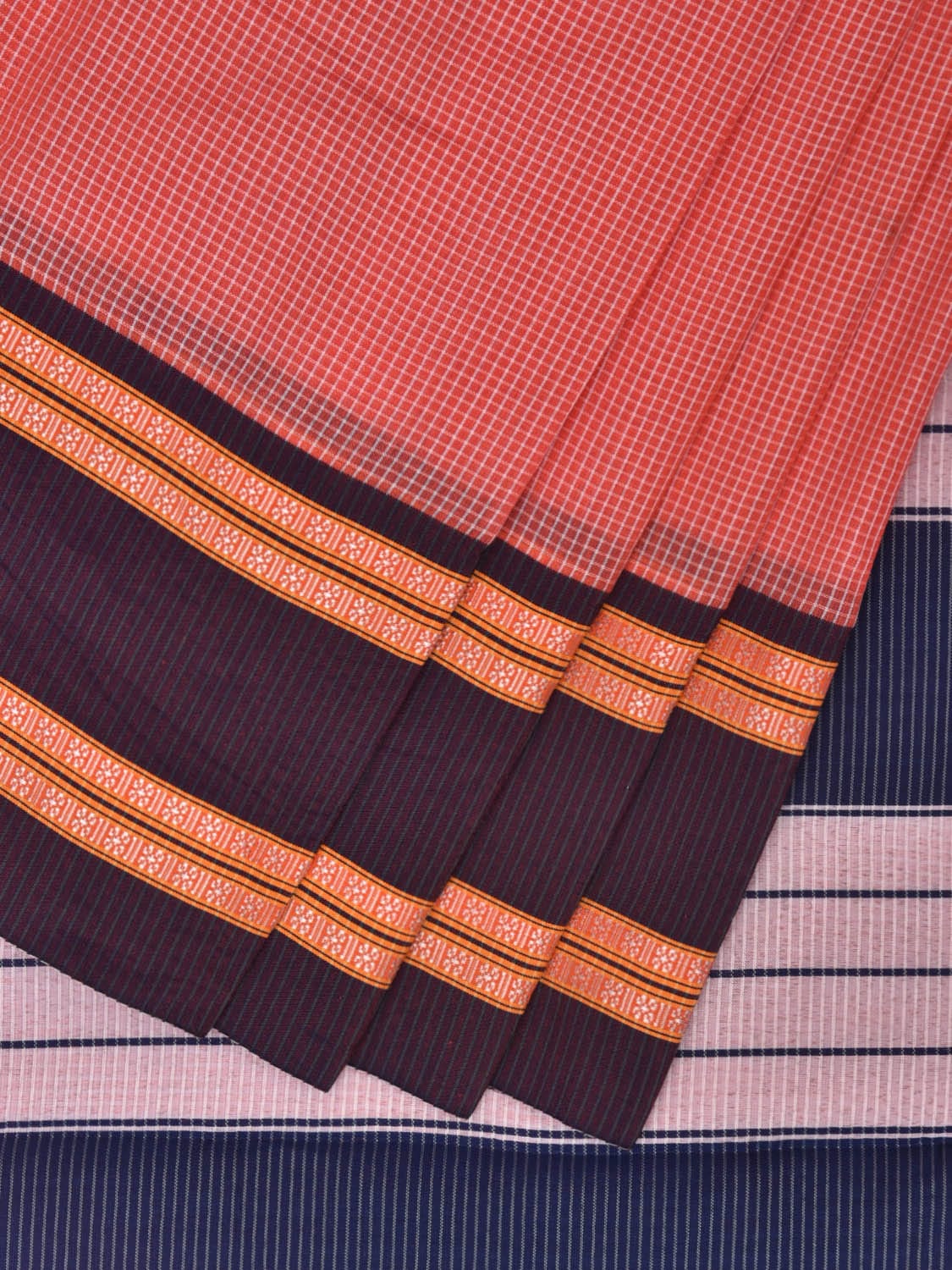 Peach and Dark Blue Bamboo Cotton Saree with Small Checks Design No Blouse bc0291