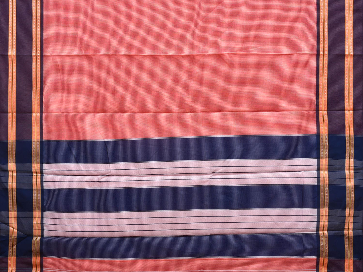 Peach and Dark Blue Bamboo Cotton Saree with Small Checks Design No Blouse bc0291