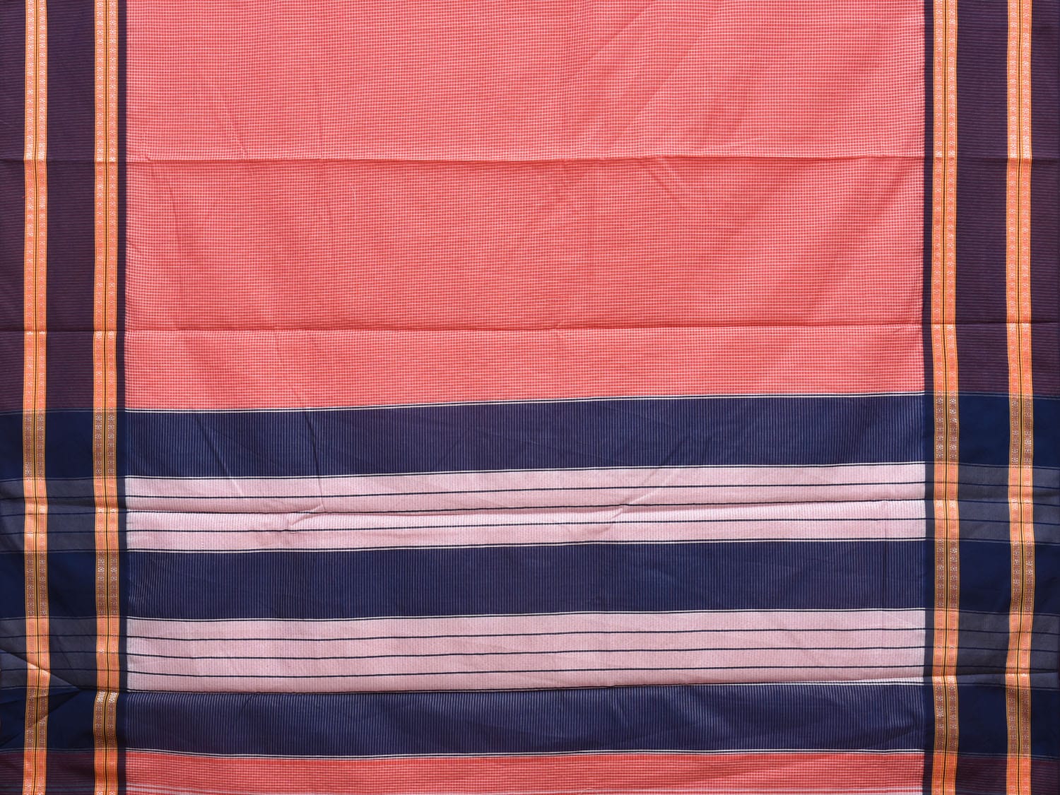 Peach and Dark Blue Bamboo Cotton Saree with Small Checks Design No Blouse bc0291