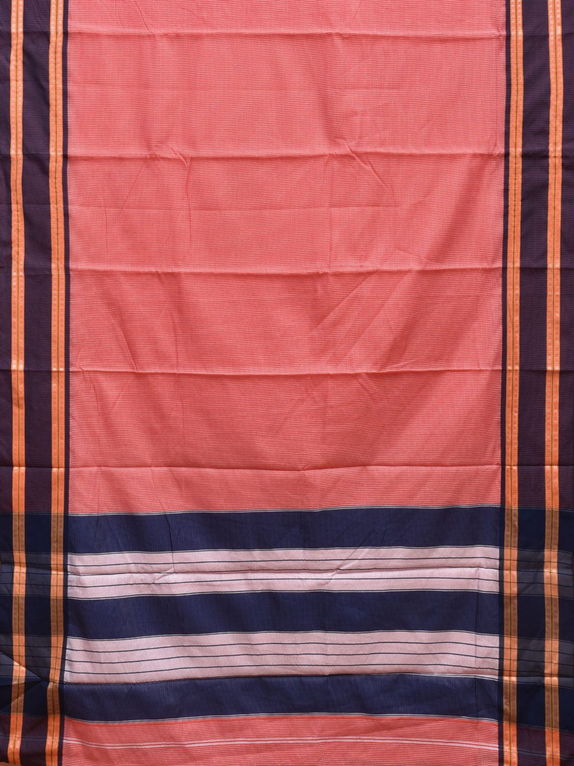 Peach and Dark Blue Bamboo Cotton Saree with Small Checks Design No Blouse bc0291