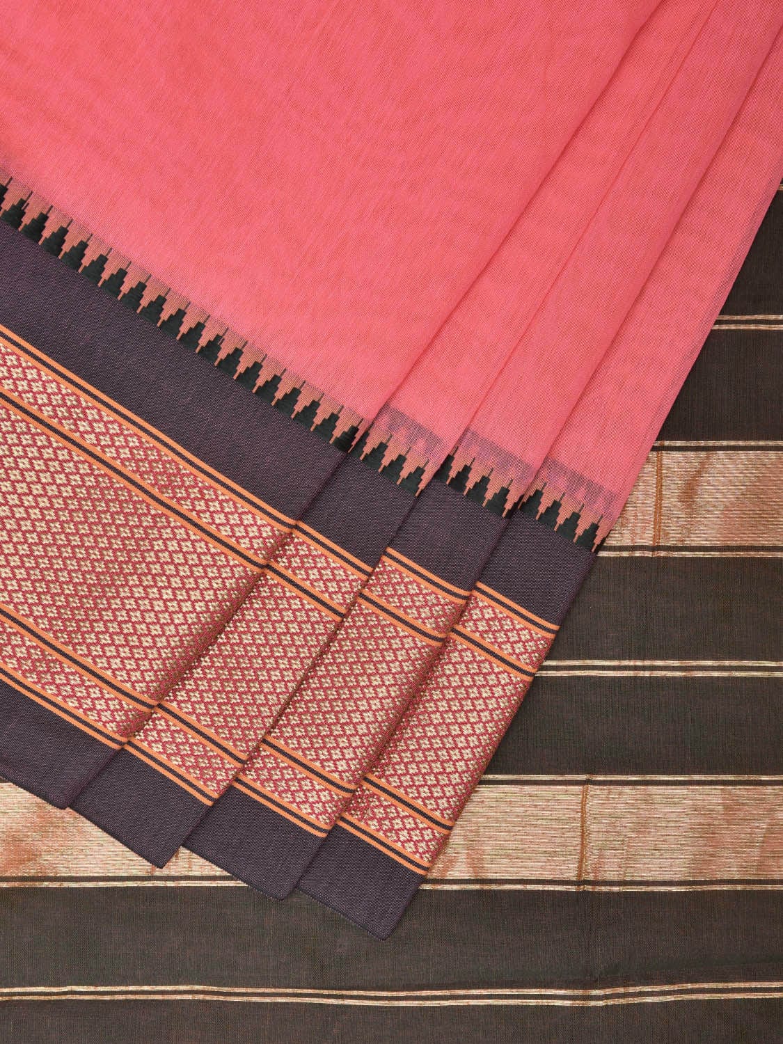 Peach and Dark Green Bamboo Cotton Plain Saree with Strips Pallu Design No Blouse bc0383