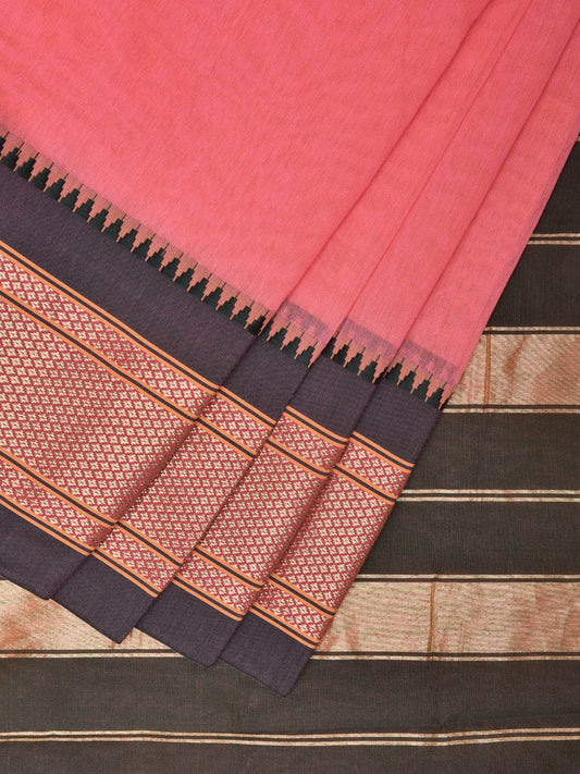 Peach and Dark Green Bamboo Cotton Plain Saree with Strips Pallu Design No Blouse bc0383
