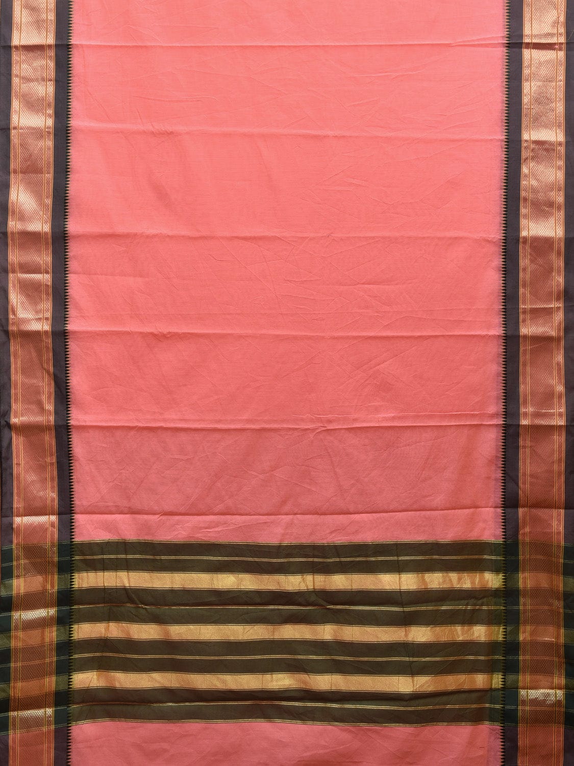 Peach and Dark Green Bamboo Cotton Plain Saree with Strips Pallu Design No Blouse bc0383