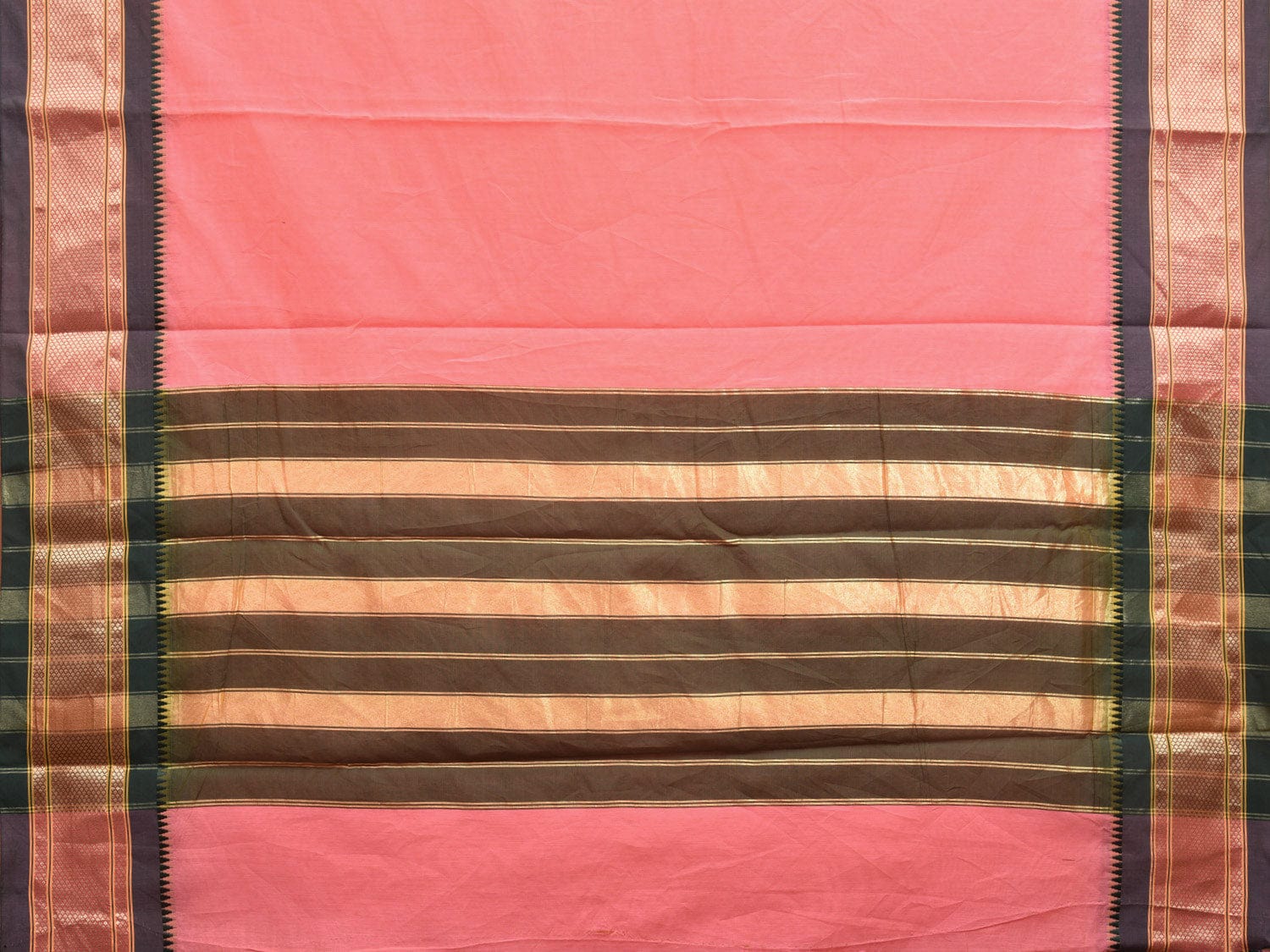 Peach and Dark Green Bamboo Cotton Plain Saree with Strips Pallu Design No Blouse bc0383