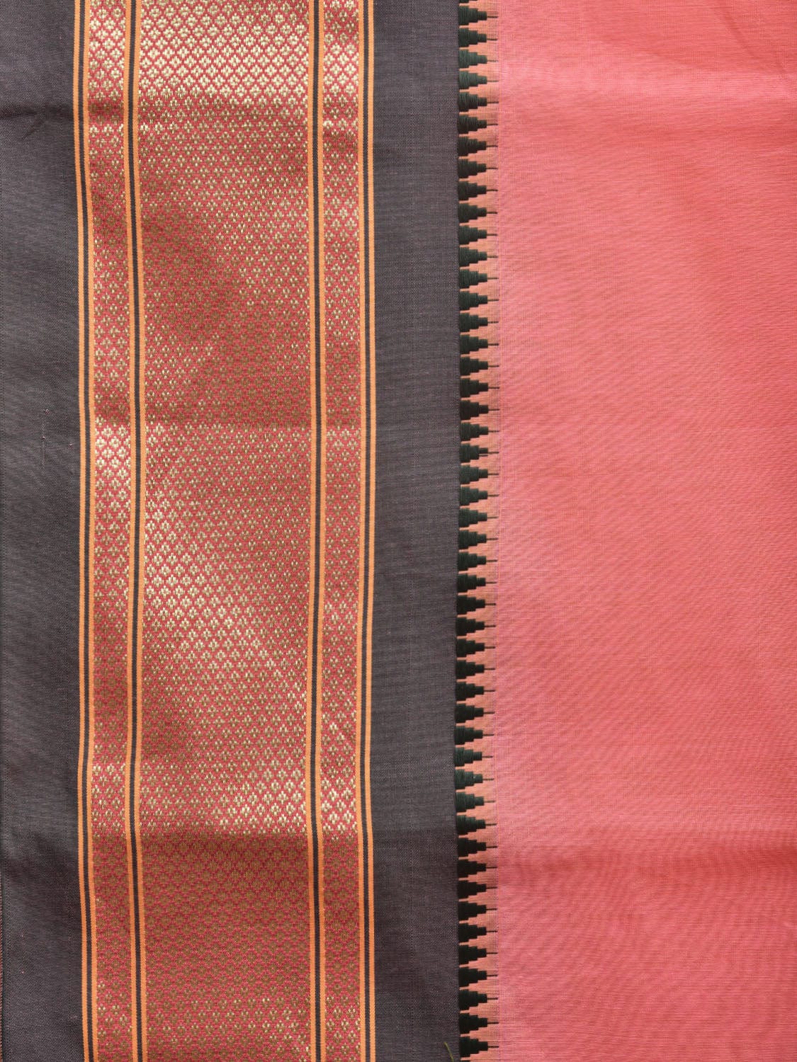 Peach and Dark Green Bamboo Cotton Plain Saree with Strips Pallu Design No Blouse bc0383