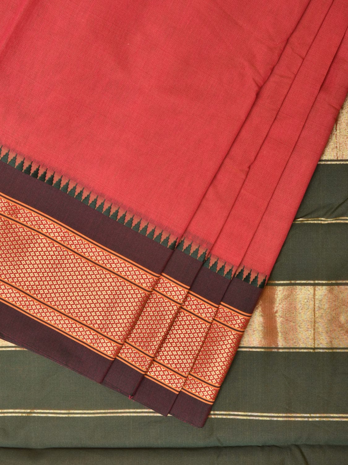 Peach and Green Bamboo Cotton Plain Saree with Strips Pallu Design No Blouse bc0255