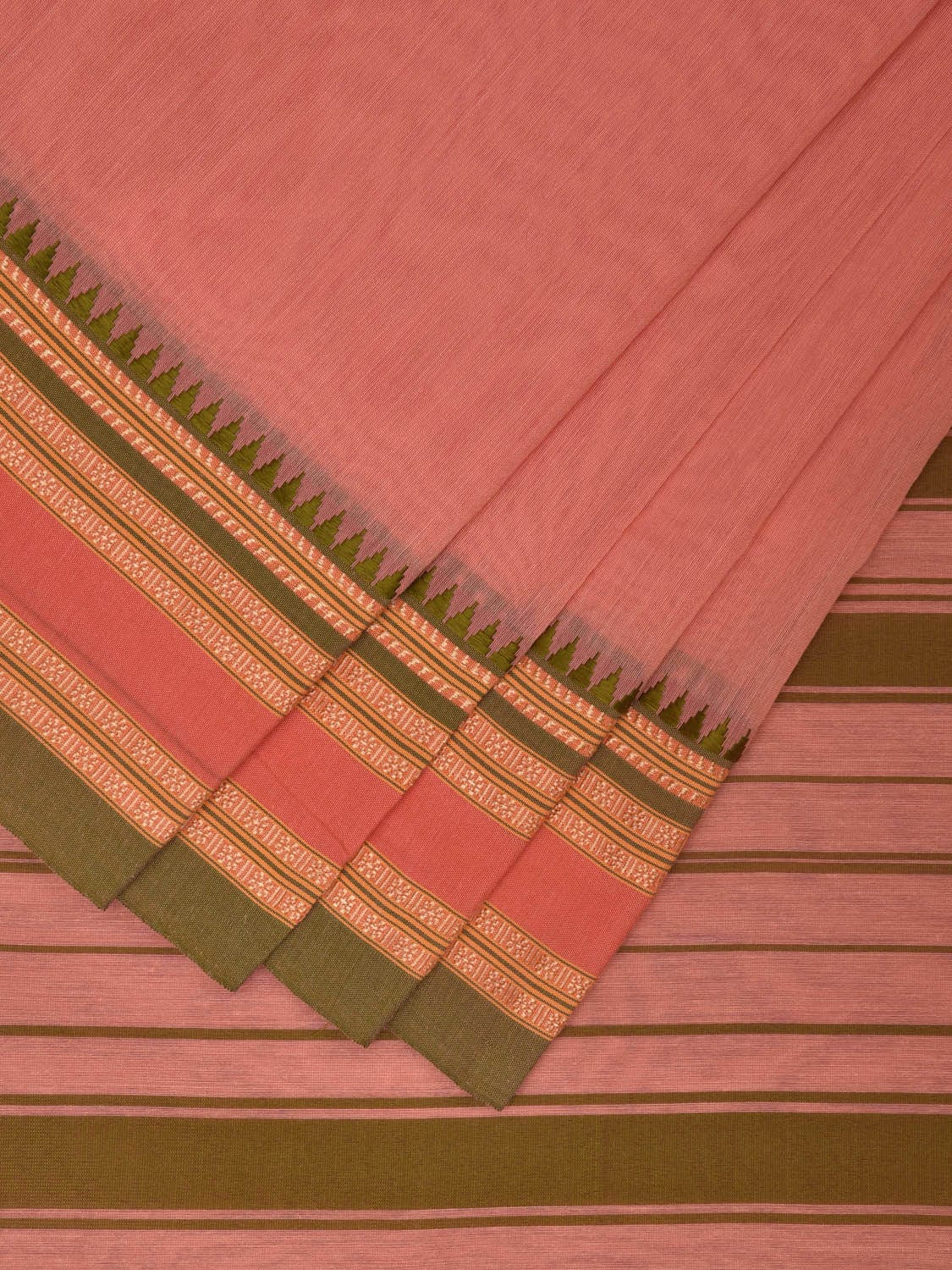 Peach and Green Bamboo Cotton Plain Saree with Strips Pallu Design No Blouse bc0356