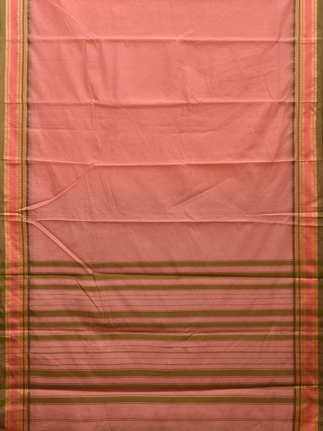 Peach and Green Bamboo Cotton Plain Saree with Strips Pallu Design No Blouse bc0356