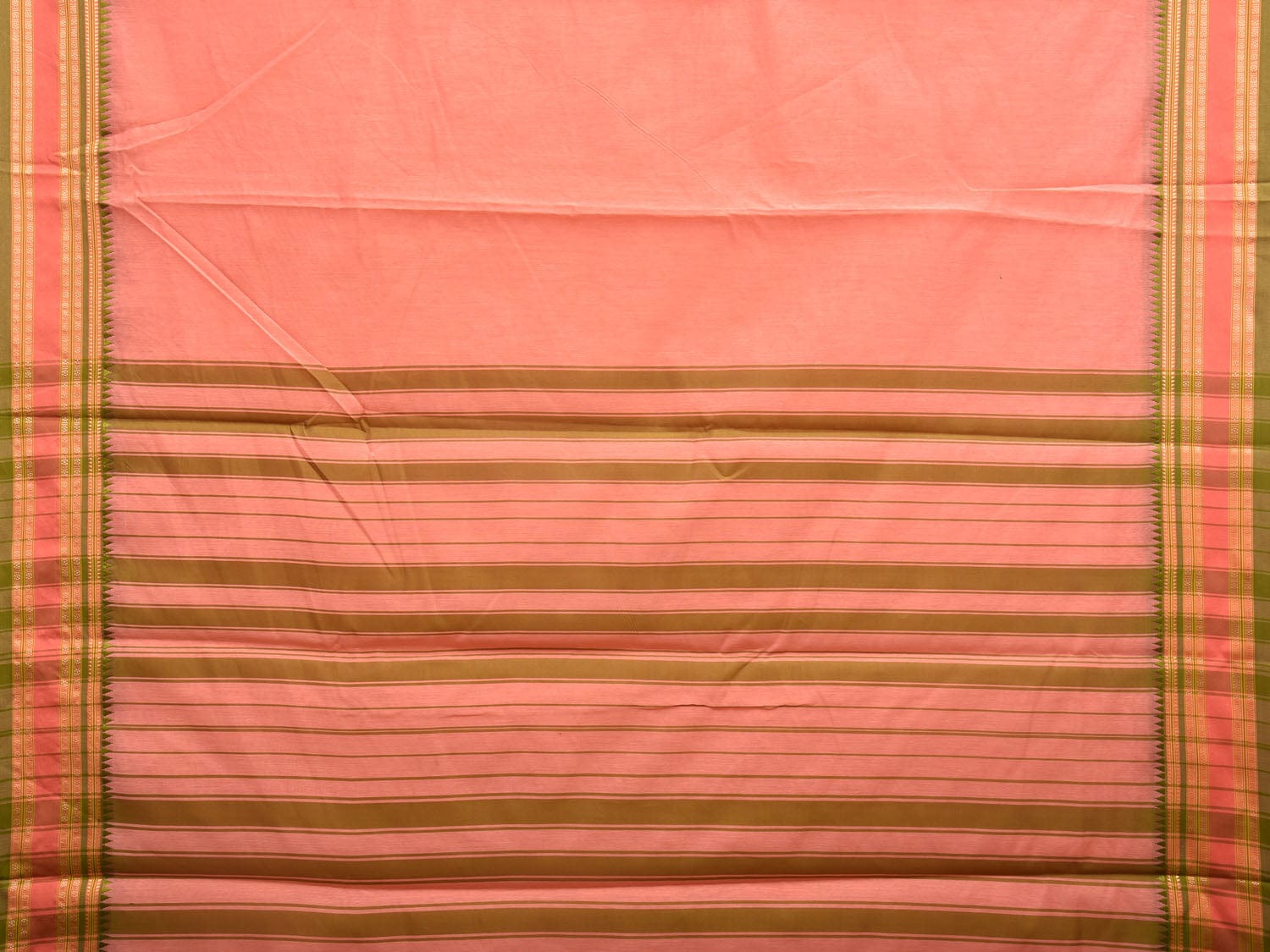 Peach and Green Bamboo Cotton Plain Saree with Strips Pallu Design No Blouse bc0356