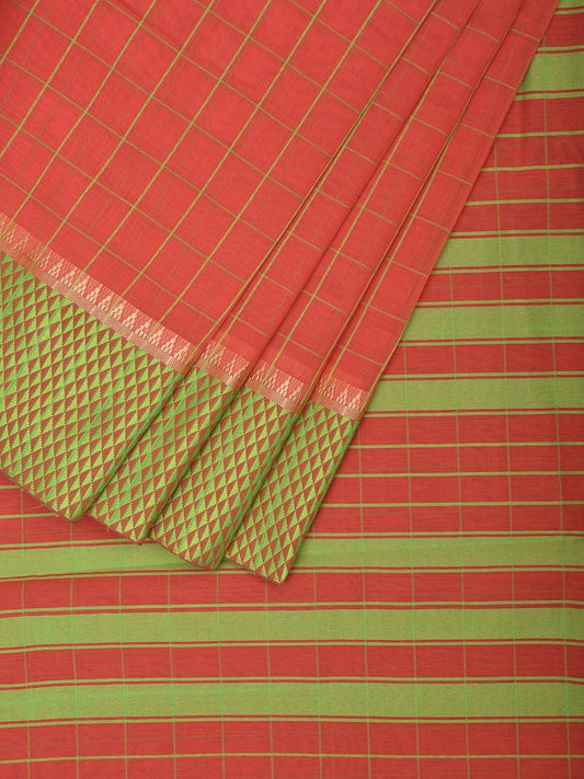 Peach and Green Bamboo Cotton Saree with Big Checks and Strips Pallu Design No Blouse bc0588